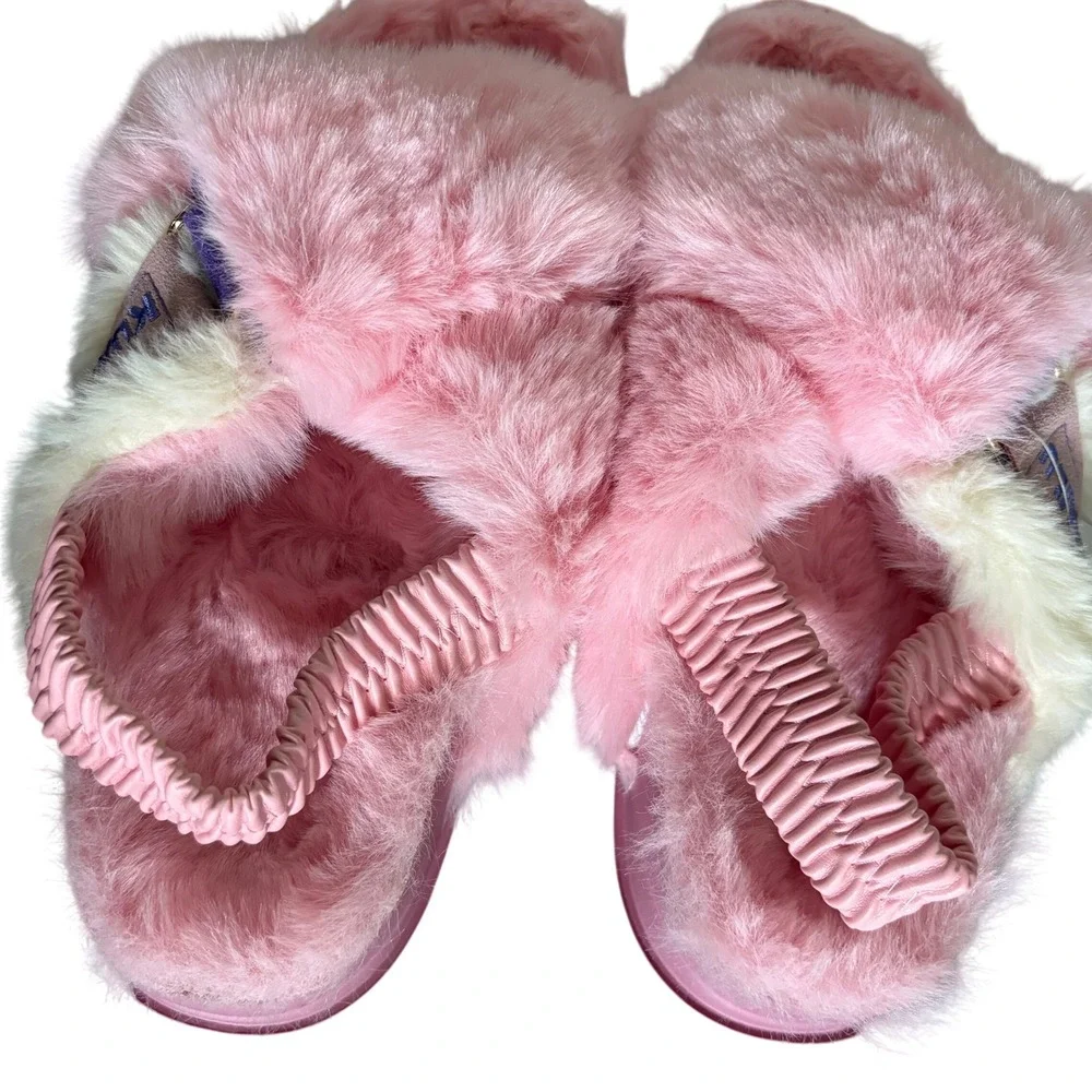 NEW KuaiLu Faux Fur Criss Cross Platform Sandals Sz 7 Pink Comfort Orthotic